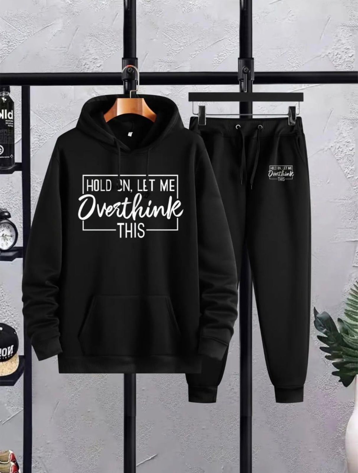 “Overthink This” Graphic Fleece Hoodie Tracksuit – Black (Men’s)