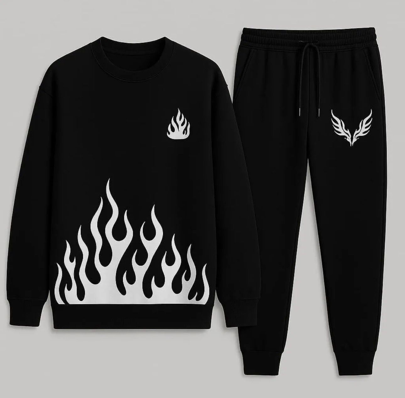 Men’s Flame Print Fleece Sweatshirt Tracksuit – 2 Piece Set